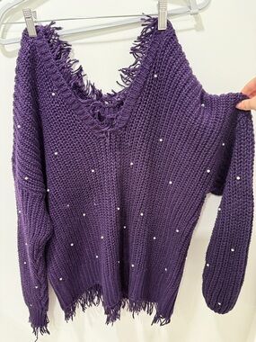 Wildfox Purple V-Neck Fringe Knit Sweater with Pearl Studs